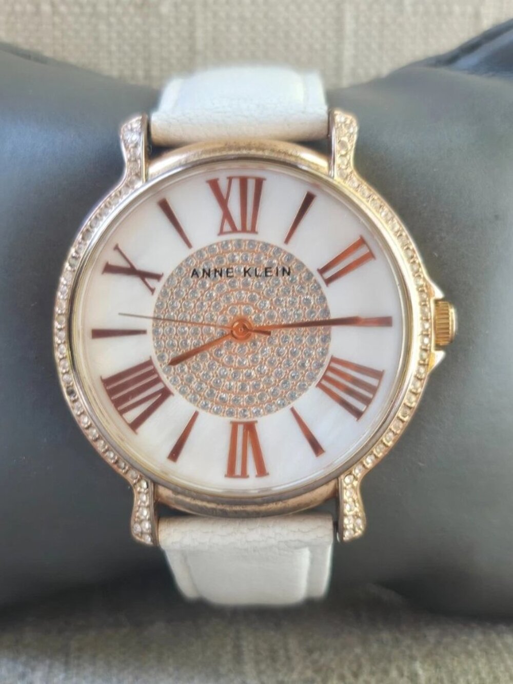 Anne Klein Women Wrist Watch Genuine Leather White Band Analog Crystal Accent